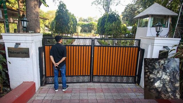 The residence of Justice Yashwant Varma. (inset) screengrab from the video showing the cash haul
