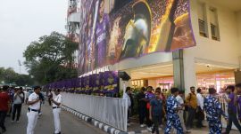 Security personnel outside the Eden Gardens stadium in Kolkata on Friday. (Express Photo by Partha Paul)