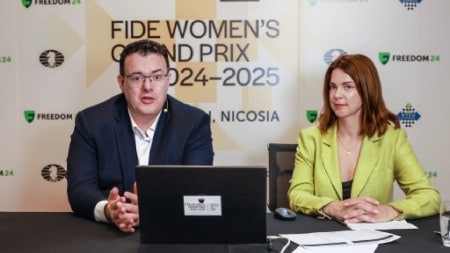 FIDE CEO Emil Sutovsky with Ukraine's chess player and journalist Anastasiya Karlovich during the Cyprus Women's Grand Prix. (Photo: FIDE/Mark Livshitz)