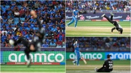 New Zealand's Glenn Phillips, reacts after taking the catch to get India's Shubman Gill, left, out during the ICC Champions Trophy final cricket match between India and New Zealand at Dubai International Cricket Stadium in Dubai, United Arab Emirates, Sunday, March 9, 2025. (AP Photo/Altaf Qadri)