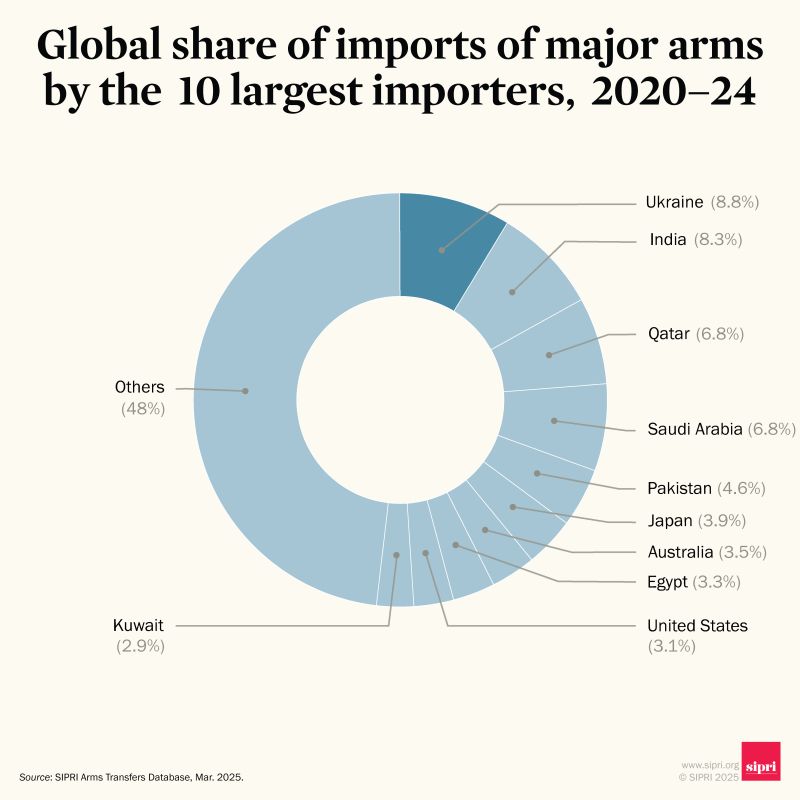 Global share of imports of major arms by the 10 largest importers, 2020–24