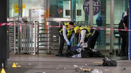 Israeli rescue and security forces examine the scene of a stabbing attack in Haifa, Israel, on Monday, March 30, 2025, where a 70-year-old man was killed and four others were injured. (AP Photo/Ariel Schalit)