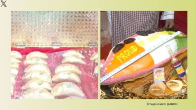 The viral video shows a luxe-looking box of 'Golden Gujiya' displayed on the counter (Image source: @ANI/X)