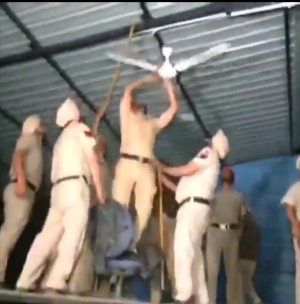 The stage set up at Shambhu border being dismantled by cops.