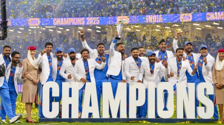 Indian cricket team celebrate holding the trophy after their win against New Zealand in the ICC Champions Trophy 2025 final cricket match, in Dubai, UAE. (PTI)