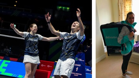 (LEFT) Jenny Mairs and Greg Mairs at the All England 2025. (RIGHT) Jenny Mairs working as a Deliveroo rider. (PHOTOS: Badminton Photo, Badminton Insight)
