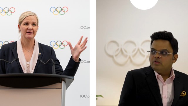 (LEFT) IOC presidential candidate Kirsty Coventry and ICC president Jay Shah at . (PHOTOS: IOC via Greg Martin, Screenshot from IOC Media)