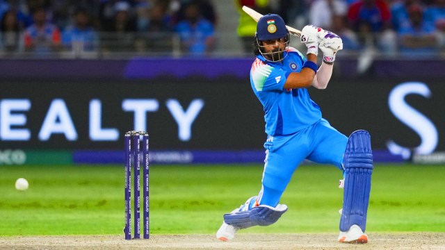 India's KL Rahul plays a shot during the ICC Champions Trophy final cricket match between India and New Zealand at Dubai International Cricket Stadium in Dubai, United Arab Emirates, Sunday, March 9, 2025. (AP Photo)