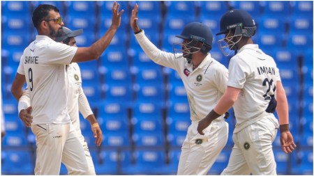 Kerala's Aditya Sarwate celebrates with teammates after taking the wicket of Vidarbha's Karun Nair on the fifth day of Ranji Trophy final cricket match between Kerala and Vidarbha, in Nagpur, Sunday, March 2, 2025. (PTI Photo)