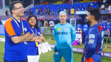 Sanjiv Goenka of the Lucknow Super Giants interacts with LSG captain Rishabh Pant after their defeat to the Delhi Capitals. (Photo: Sportzpics for IPL)