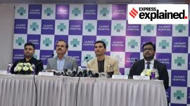 Ex Mumbai police CP Singh and permanent trustee Prashant Mehta and others at the Lilavati press conference. (Express Photo by Vijay Kumar Yadav)