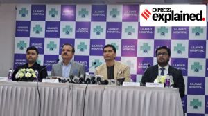 Ex Mumbai police CP Singh and permanent trustee Prashant Mehta and others at the Lilavati press conference. (Express Photo by Vijay Kumar Yadav)