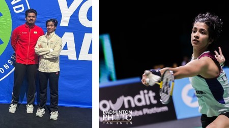 (LEFT) Malvika Bansod with coach Vignesh Devlekar at the All England Championship; (RIGHT) File image of Malvika in action. (PHOTO: Badminton Photo)