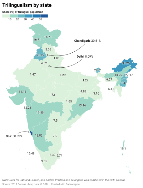MAP: Trilingualism by state, 2011 Census