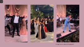 Mark Zuckerberg was wearing a striking blue jumpsuit, mirroring Benson Boone’s look during his performance