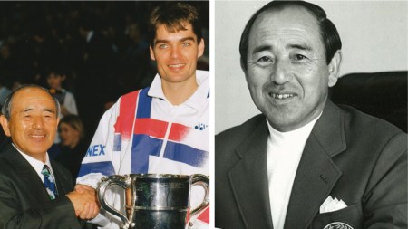 Minoru Yoneyama with current BWF president and 1996 Atlanta Olympics gold medallist Poul Erik Hoyer Larsen. (Photo: Yonex)