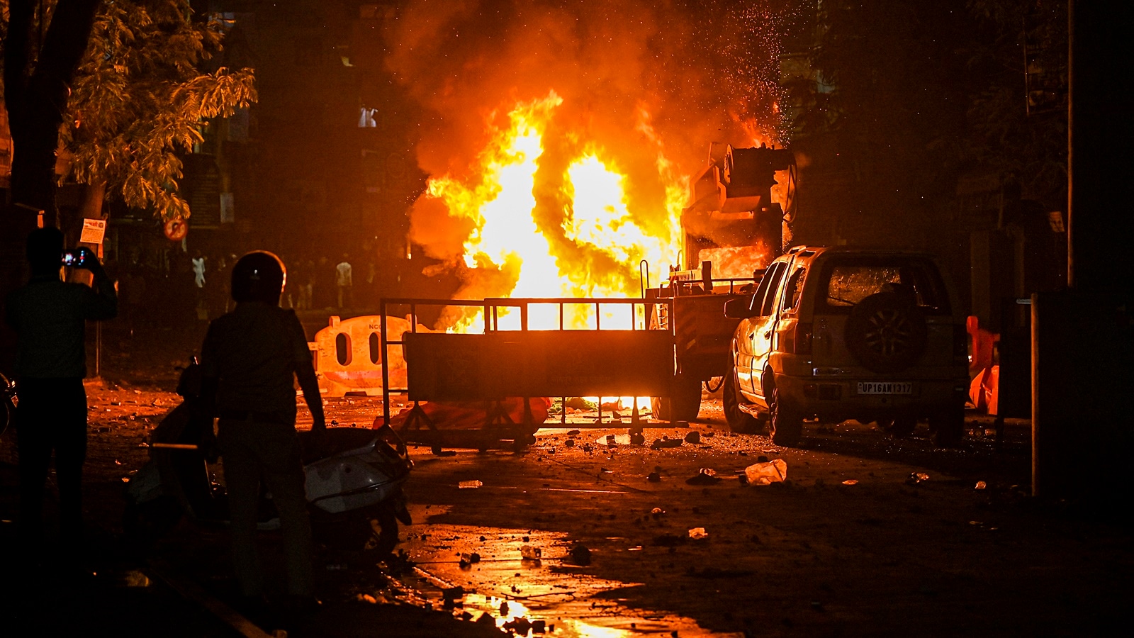 A fire set by miscreants amid violence in Nagpur on Monday
