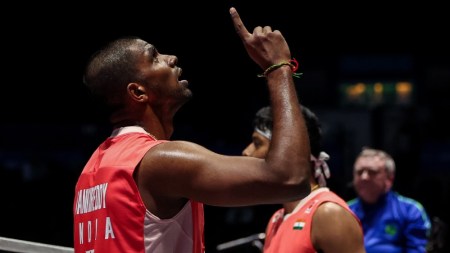 Satwik (L) reacts at the end of the first-round win at All England Open on Wednesday night. (BWF Badminton Photo)