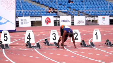 Anil Prasanna of Sri Lanka competes by himself in the men's 100m T42 event at the World Para Athletics Grand Prix in New Delhi. He won the gold medal. (Credit: YouTube)