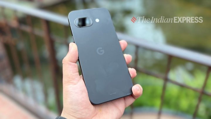 The Google Pixel 9a features a redesigned, pill-shaped camera array on the back. (Image: Anuj Bhatia/The Indian Express)