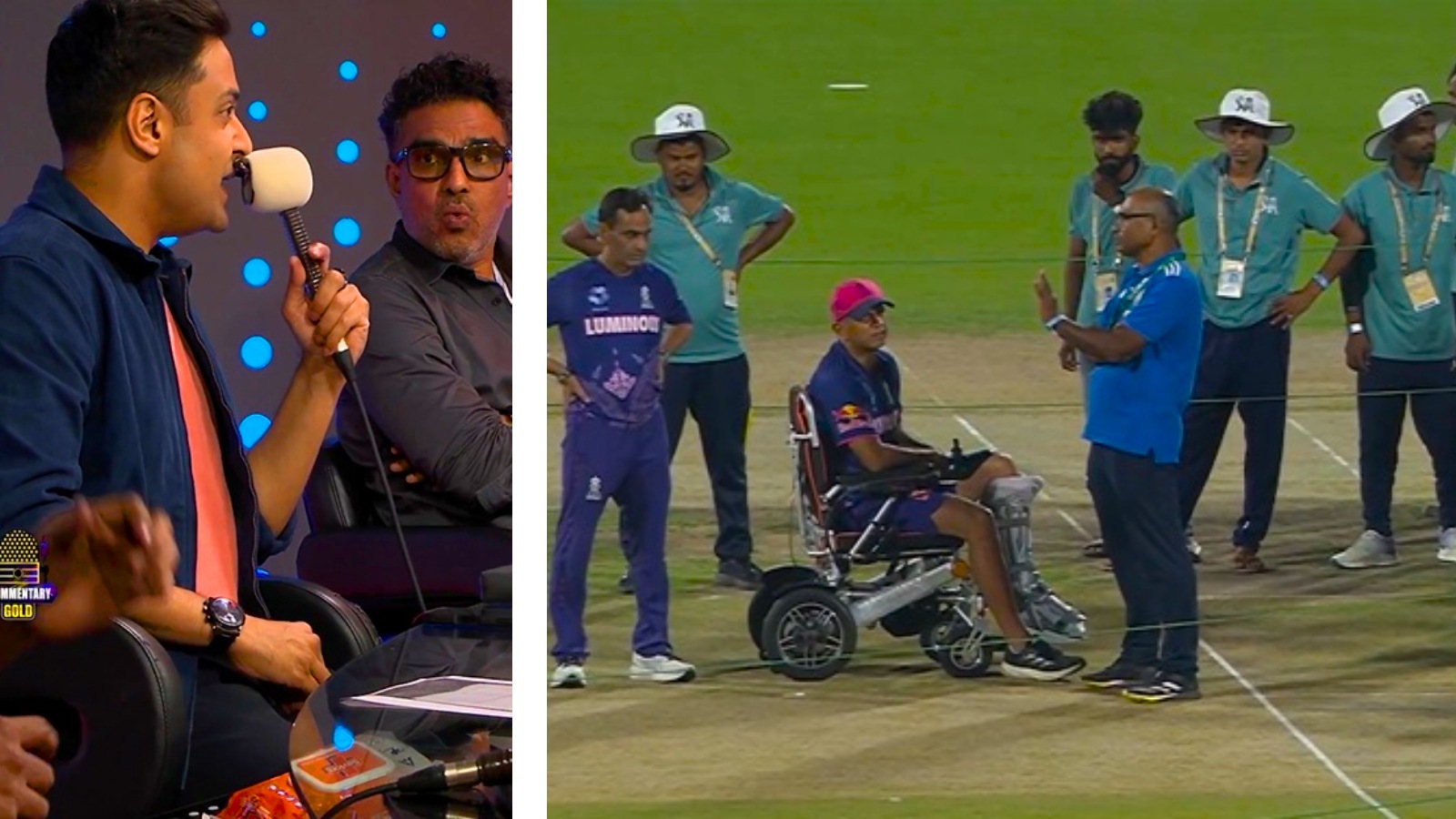 Rajasthan Royals coach Rahul Dravid inspected the pitch in Guwahati on a wheelchair which stunned commentators like Sanjay Manjrekar. (Screenshot: JioHotstar via X)