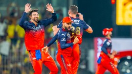 RCB BEAT CSK SPORTZPICS RCB players including Virat Kohli celebrate the wicket of Ruturaj Gaikwad of Chennai Super Kings during their Indian Premier League (IPL 2025) match at the MA Chidambaram Stadium. (Photo: Sportzpics for IPL)