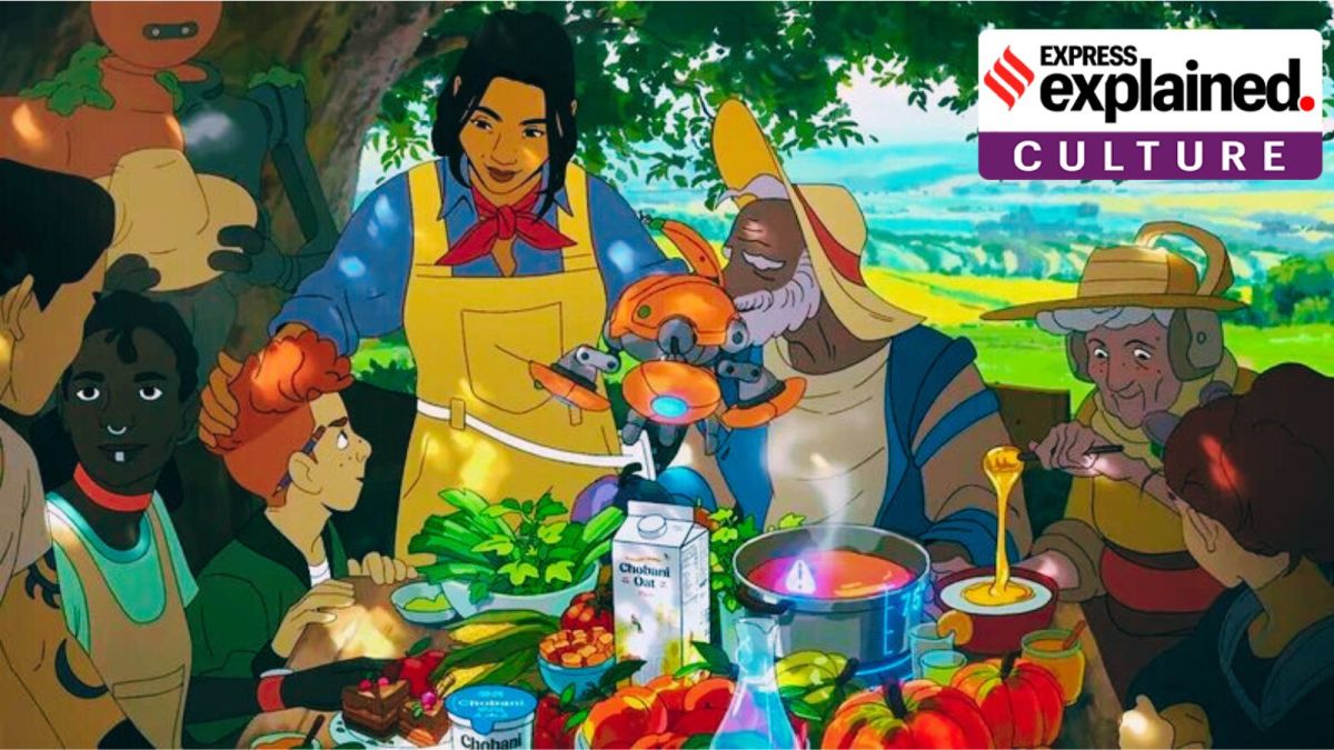 The animated solarpunk film Dear Alice features sprawling green farms operated with high-tech devices like artificial precipitation, robotic fruit plucking devices, solar panels and flying buses, run by a closely-knit, diverse community of people and robots alike. (YouTube/The Line, "Dear Alice")