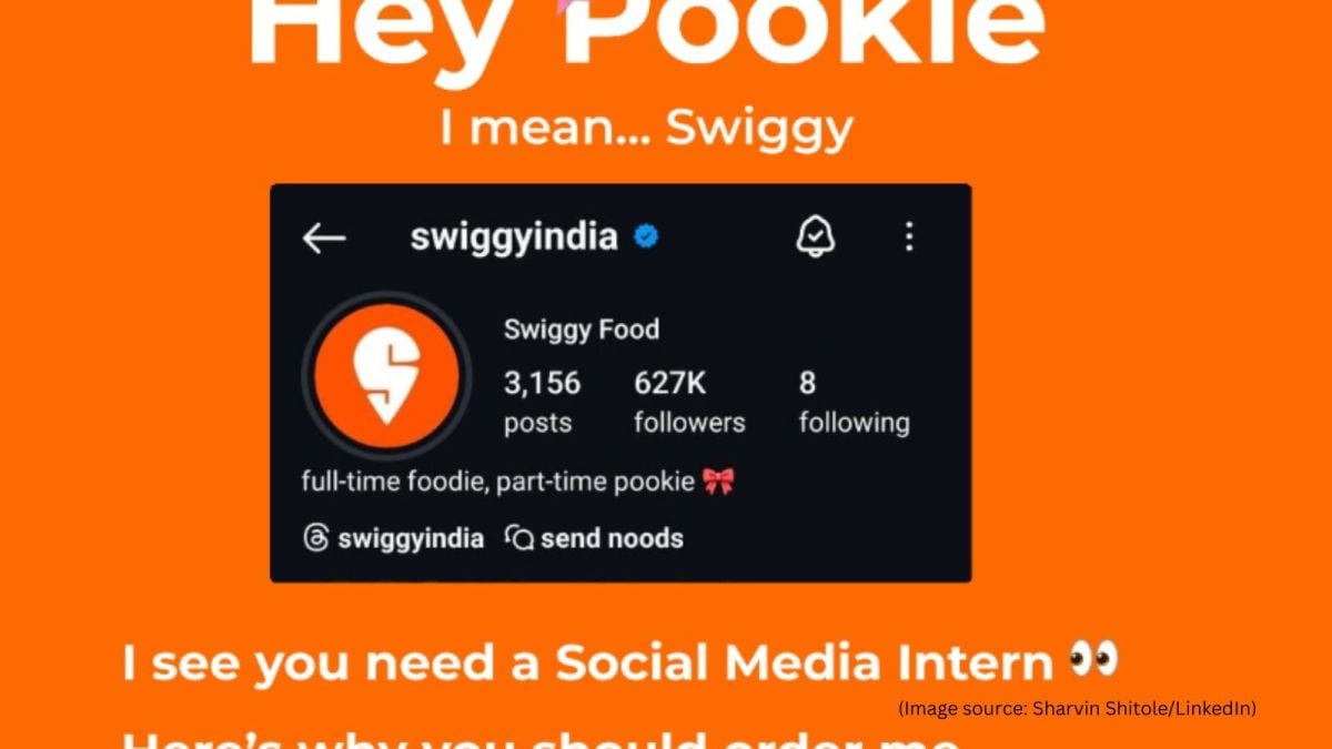 The post he shared begins by addressing Swiggy as "Pookie" (Image source: Sharvin Shitole/LinkedIn)