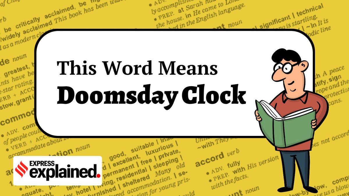 A man standing and reading a book. A thought bubble behind him reads: "This Word Means Doomsday Clock"