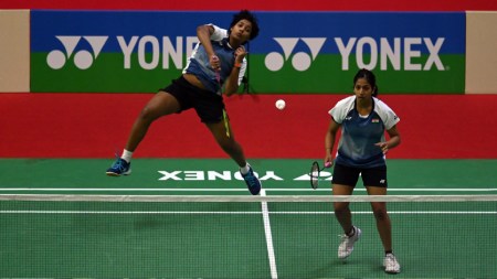 India's Treesa Jolly (L) and Gayatri Gopichand in action. (BAI FILE IMAGE)