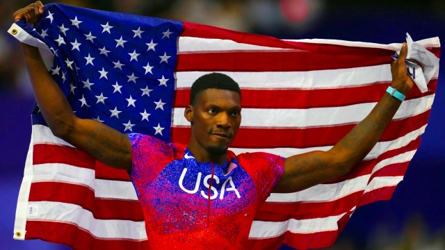 Fred Kerley of USA poses after winning the bronze medal in the men's 100 meters final at the Paris 2024 Olympics. (AP Photo)