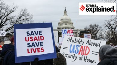 Current and former USAID employees and supporters rally against the Trump’s administration’s stop-work order on Capitol Hill on Feb. 5, 2025.