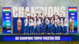 Team India with the ICC Champions Trophy 2025 trophy in Dubai. (Photo: AP)