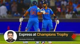 India's Virat Kohli celebrates after scoring fifty runs with India's Shreyas Iyer during the ICC Champions Trophy semifinal cricket match between India and Australia at Dubai International Cricket Stadium in Dubai, United Arab Emirates, Tuesday, March 4, 2025. (AP Photo)