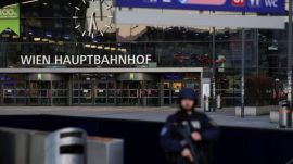 A police officer stands guard in front of Vienna central station, after it was closed due to an unspecified threat, according to the Austrian capital's police and national rail company OBB, in Vienna, Austria, March 3, 2025. REUTERS/Leonhard Foeger TPX IMAGES OF THE DAY
