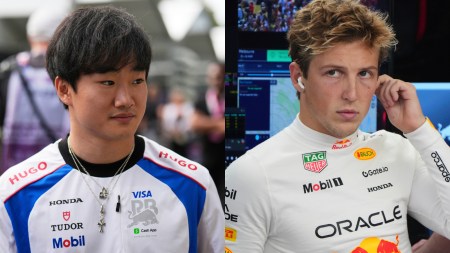 L-R: Yuki Tsunoda and Liam Lawson exchange seats at Red Bull Racing. (AP)