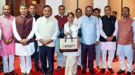 Assam Chief Minister Himanta Biswa Sarma with Finance Minister Ajanta Neog and others before the presentation of the state Budget in the Legislative Assembly, in Guwahati, Assam