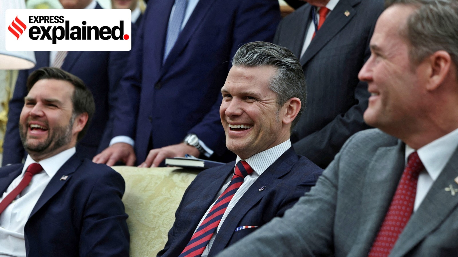US Defense Secretary Pete Hegseth (centre), Vice President JD Vance (left) National Security Advisor Mike Waltz (right) were also members of that group chat.