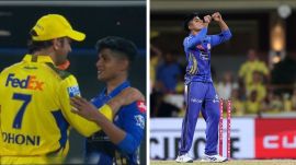 Vignesh MS Dhoni and Vignesh Puthur caught up after the CSK vs MI match on Sunday. (Screengrab//BCCI)