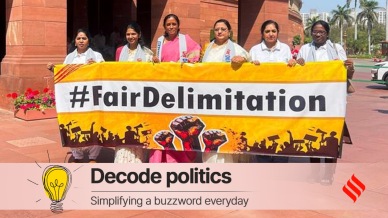 DMK and INDIA bloc MPs Kanimozhi Karunanidhi, Jothimani Sennimalai, Kanimozhi NVN Somu, T Sumathy and others protest on the issue of delimitation