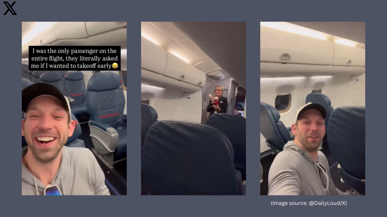 The man in the video is seen laughing at the surreal experience of being the only passenger on the plane