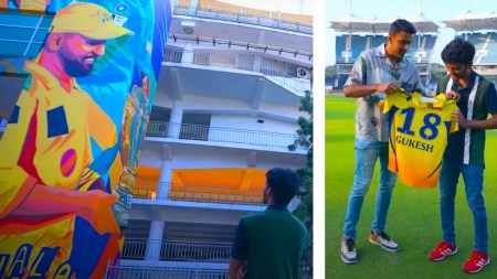 (LEFT) Gukesh at the Chepauk stadium where CSK play their IPL matches; (RIGHT) Chennai Super Kings' Ravichandran Ashwin presents the chess player with a jersey. (Screenshot: CSK YouTube)