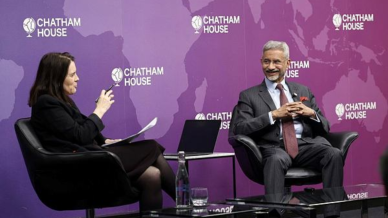 External Affairs Minister S. Jaishankar during a conversation with Director and CEO of Bronwen Maddox at Chatham House