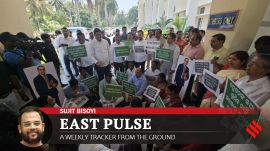 BJD MLAs hold a protest to press for their demand of giving 27% reservation to OBCs in Odisha. (Express Photo)