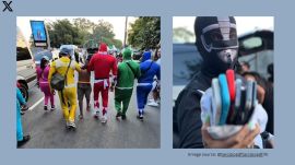 A group of officers dressed in head-to-toe lycra Power Rangers suits