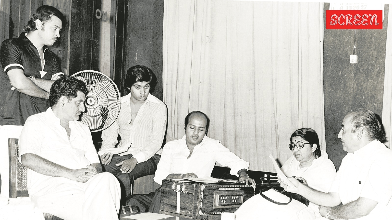 (From right) Mohd Rafi, Lata Mangeshkar, Roshan, Amit Kumar, Anand Bakshi, Rakesh Roshan