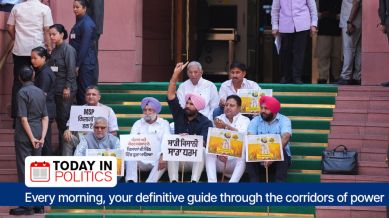 Punjab MPs protest during the Budget session of Parliament, in New Delhi