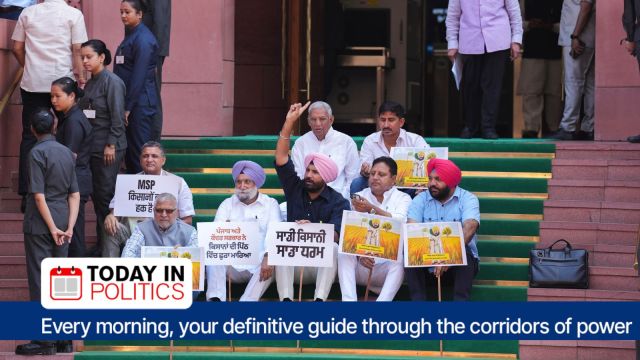 Punjab MPs protest during the Budget session of Parliament, in New Delhi