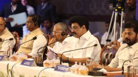 stalin_7ef100 Tamil Nadu CM MK Stalin with Kerala CM P Vijayan and Telangana counterpart Revanth Reddy in Chennai on Saturday for a meeting on the proposed delimitation. (Express Photo)