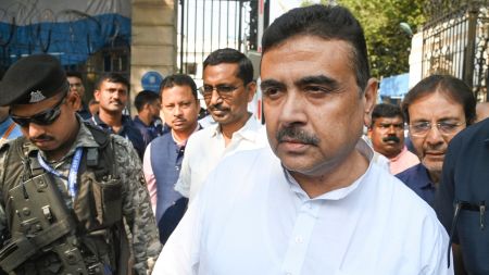 Leader of Opposition (LoP) in the West Bengal Assembly Suvendu Adhikari comes out of the state Assembly during the Budget session, in Kolkata